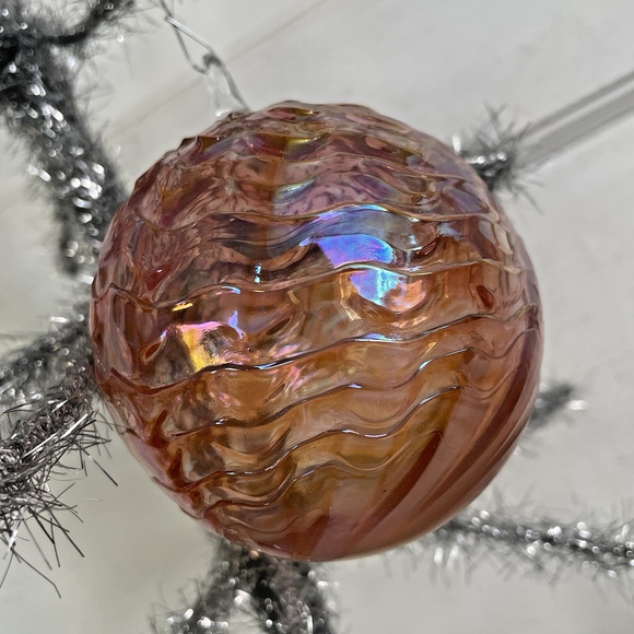 Hanging Art Glass Friendship Ball Ornament Pink Swirl Textured Iridescent Gazing - Picture 3 of 7